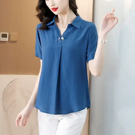 短袖衬衫女夏季2023新款洋气大码宽松显瘦遮肚妈妈装气质V领雪纺商品大图