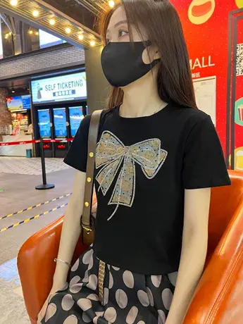 夏季新款重工烫钻蝴蝶结上衣女小众设计感修身显瘦短袖t恤女ins潮商品大图