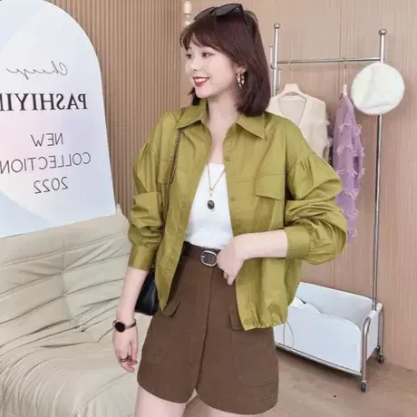 设计感小众抽绳翻领短款衬衣外套女早秋新款气质宽松百搭夹克上衣商品大图