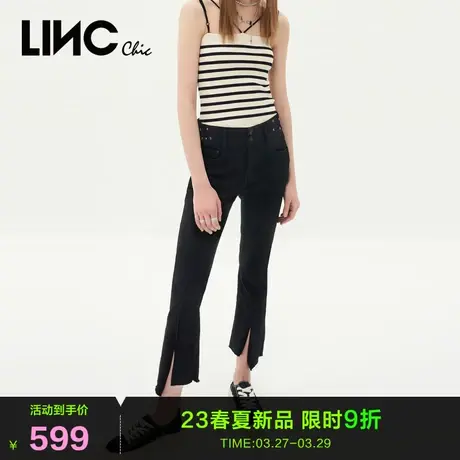 LINC金羽杰牛仔裤女2023秋季新款中腰开衩薄款直筒喇叭裤九分裤商品大图