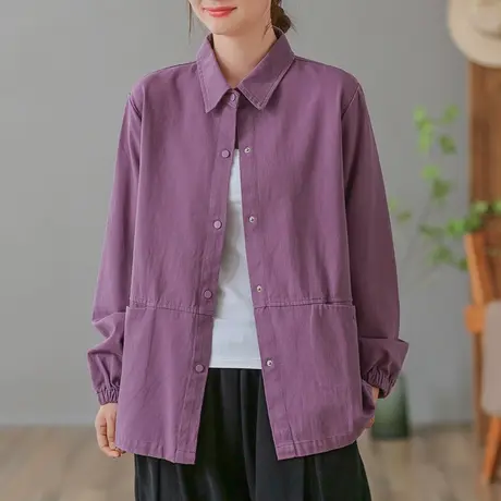 dza 复古短款工装衬衫外套女士春秋宽松翻领长袖上衣外搭夹克开衫商品大图
