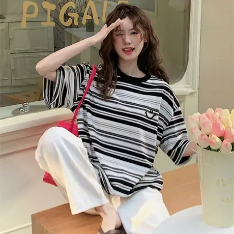 撞色条纹t恤圆领宽松短袖女装春秋内搭打底衫夏季2023年半袖上衣商品大图