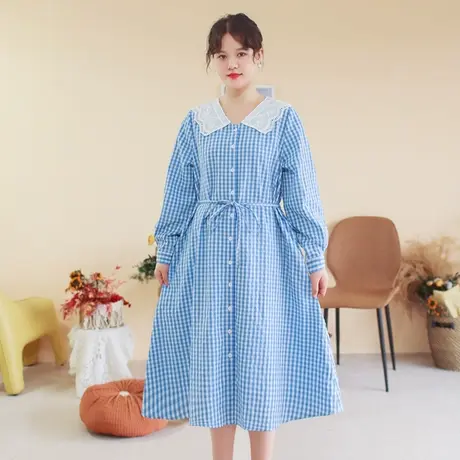 胖妹妹秋季2023新品法式花边领优雅连衣裙大码微胖学院风格纹长裙商品大图