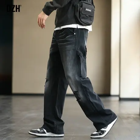 男士黑色破洞牛仔裤男直筒宽松美式hiphop裤子ins高街潮牛仔长裤图片