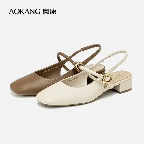 奥康女鞋 夏季新款一字带韩系杏头时装凉鞋舒适粗跟中后空通勤鞋图片