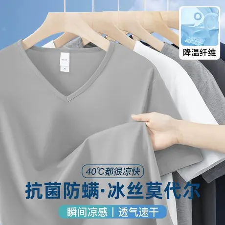 莫代尔冰丝t恤男士短袖抗菌防螨V领上衣服夏天速干凉感半袖打底衫商品大图
