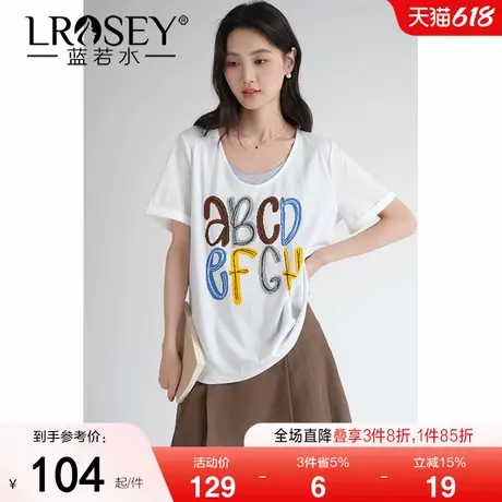 【假两件字母印花雪花棉T恤】蓝若水大码2025夏新款宽松时尚上衣商品大图