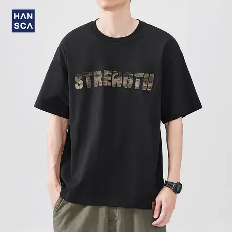 hansca 220g重磅纯棉短袖t恤男款2025夏季复古时尚字母刺绣上衣男商品大图