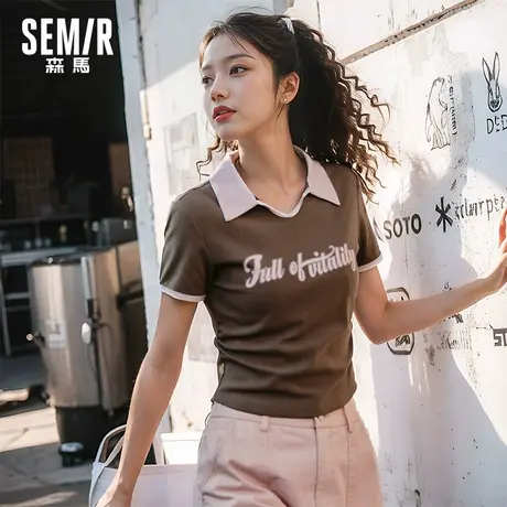 森马POLO衫女短款小心机撞色2024新款夏季美式复古字母紧身套头衫图片