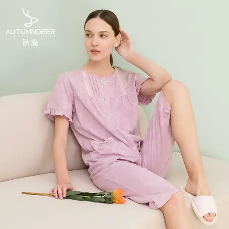 秋鹿【仅剩小码】短袖睡衣女夏季薄款七分裤提花甜美荷叶边家居服商品大图