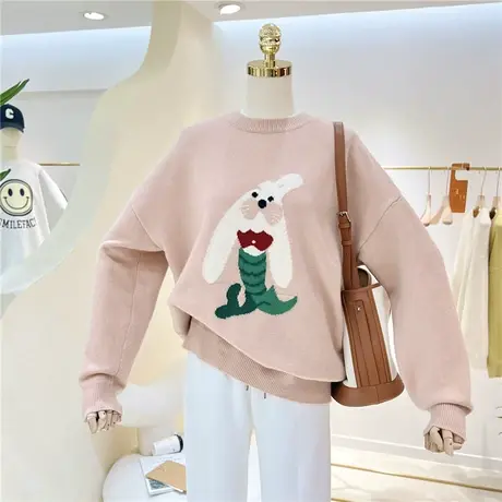 2022秋冬百搭卡通超萌兔子宽松显瘦针织毛衣女圆领套头单穿内搭潮图片