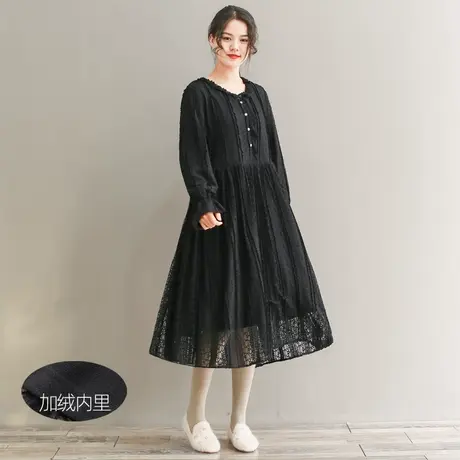 胖妹妹秋冬新品加绒内里复古蕾丝连衣裙 大码微胖宽松加厚蕾丝裙商品大图