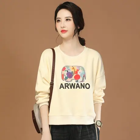 韩潮袭人圆领印花长袖加绒卫衣女2023冬季新款宽松休闲保暖上衣商品大图