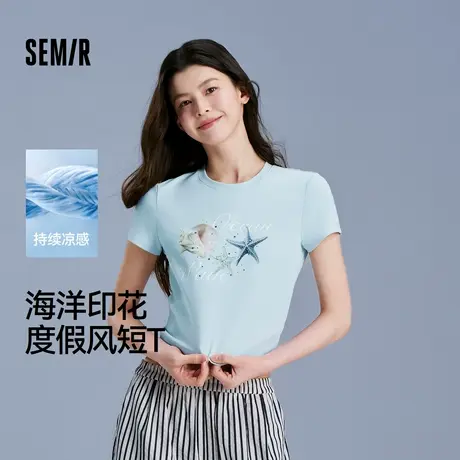 凉感T|森马短袖T恤女短款图案小个子度假风2025新款修身烫钻夏XY图片