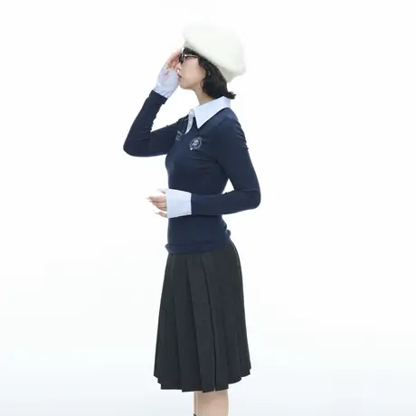 美式复古拼接假两件polo领印花卫衣女春秋新款学院风修身显瘦上衣图片
