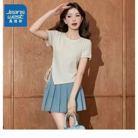 LW真维斯女装2025夏季新款潮牌时尚不规则抽绳设计显瘦百搭短T商品大图