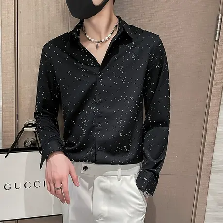 秋季韩版修身烫砖满天星长袖衬衫网化潮牌夜店个性INS小众衬衣男商品大图
