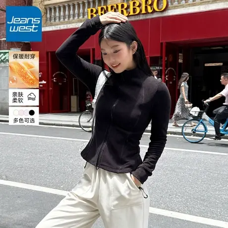 KV真维斯加绒卫衣外套女秋冬季2025新款黑色立领修身开衫短款上衣商品大图