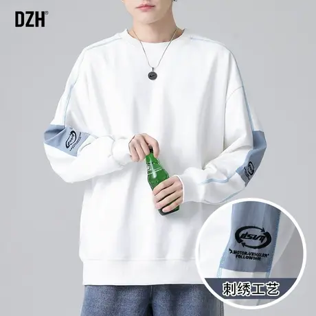 男士白色刺绣圆领卫衣男春秋款宽松长袖上衣2023新款日系休闲外套商品大图