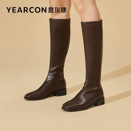 意尔康女鞋冬季加绒长靴不过膝高筒休闲复古骑士靴英伦风方头皮靴商品大图
