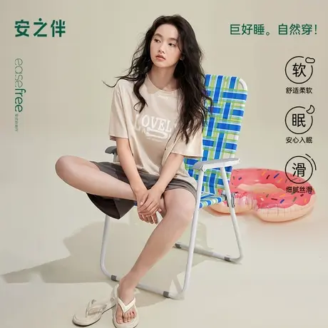 安之伴纯棉睡衣女款夏季简约宽松套头可外穿短袖短裤家居服套装商品大图
