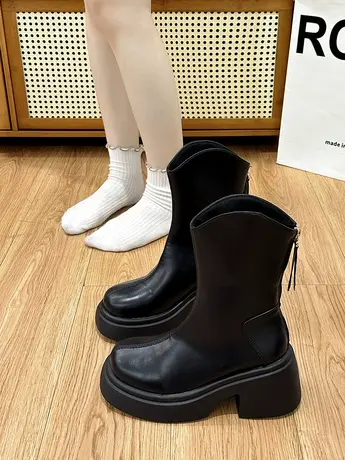 厚底高跟短靴女2023新款靴子增高黑色马丁靴显瘦V口粗跟瘦瘦靴女图片