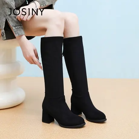 卓诗尼2025秋冬新款粗跟弹力靴时尚舒适高筒女靴潮流后拉链长筒靴图片