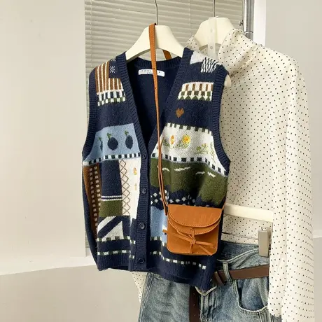 唐狮秋季毛衣女趣味图案V领开衫马甲外穿可爱高级感百搭上衣TM商品大图