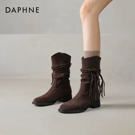 达芙妮美拉德小短靴女2026冬季新款西部流苏中筒靴加绒棕色堆堆靴商品大图