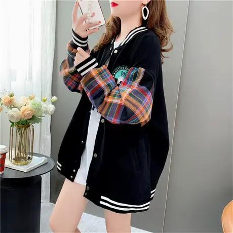 设计感格子衬衫袖拼接棒球服卫衣女秋季2022新款宽松开衫上衣外套商品大图