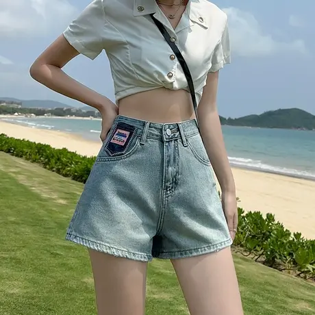浅色牛仔短裤女夏季薄款高腰显瘦宽松小个子阔腿辣妹a字小众热裤商品大图