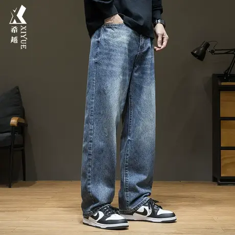 希越美式直筒牛仔裤男士2023秋冬宽松大码复古水洗阔腿休闲长裤子商品大图