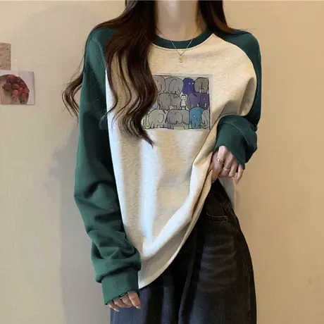 撞色拼接长袖T恤女秋冬季内搭加绒加厚上衣外穿宽松插肩袖打底衫商品大图