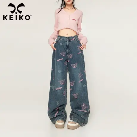 KEIKO 高级感蝴蝶纹提花牛仔裤女2023设计款直筒宽松阔腿拖地裤子图片