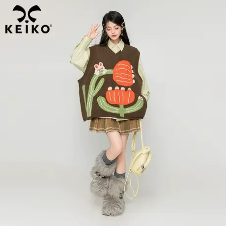 KEIKO 仙人掌提花针织衫马甲女2023秋冬减龄叠穿外搭无袖毛衣背心图片