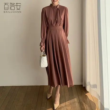 百洛安时尚立领飘带连衣裙女秋季新款气质通勤高腰a字百褶裙长裙图片