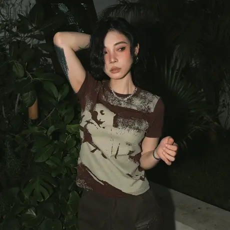 yep美式复古夏季字母短袖t恤辣妹紧身上衣设计感上衣潮牌短款女装商品大图