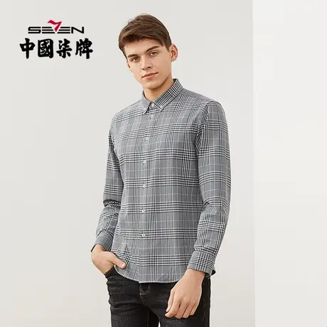 【四面弹】柒牌长袖衬衫男秋冬新款商务休闲撞色翻领格纹开衫上衣商品大图