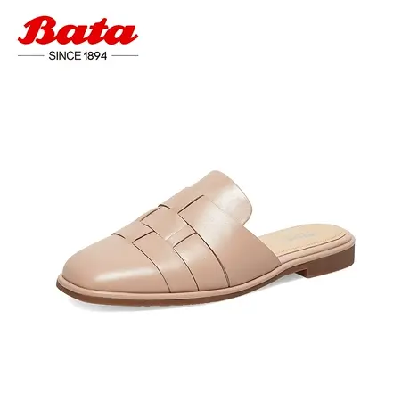奥莱Bata穆勒鞋女春季新款复古英伦牛皮平底编织凉拖鞋AMW25AH3图片