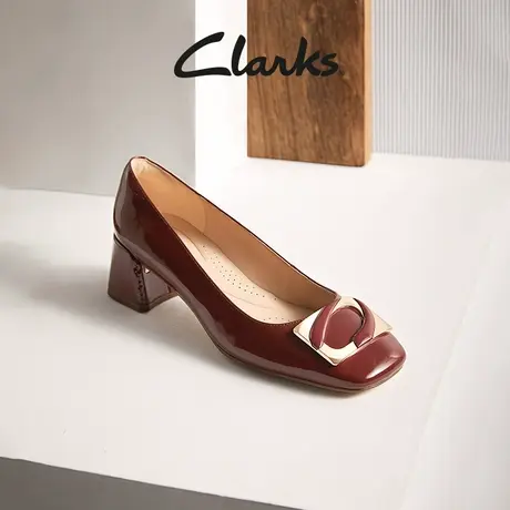 Clarks其乐妮雅系列女鞋秋季红色浅口单鞋方头粗跟通勤鞋图片