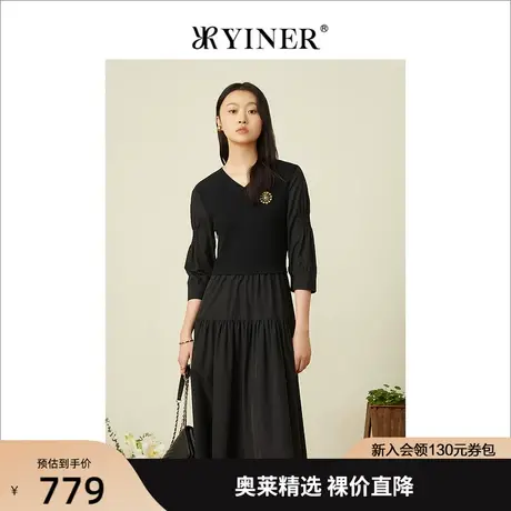 YINER音儿专柜女装2022春季新款细条纹拼接褶皱V领连衣裙图片