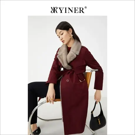*YINER音儿奥莱女装冬季长款水貂毛西装领尼克服商品大图
