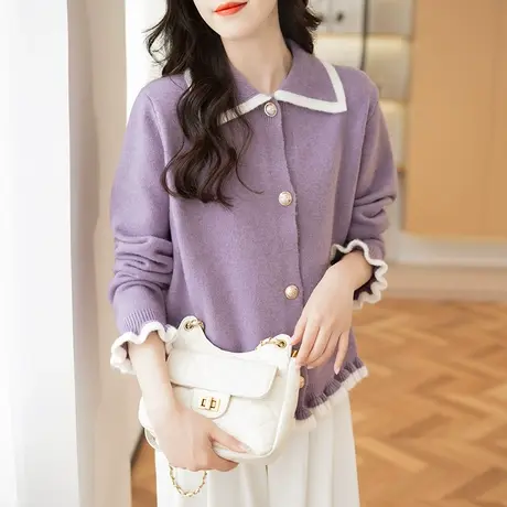 23082新款韩版宽松方领针织衫女士百搭长袖开衫外套毛衣上衣女商品大图