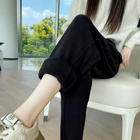 黑色束脚加绒运动裤女冬季新款小个子休闲卫裤加厚显瘦宽松哈伦裤图片