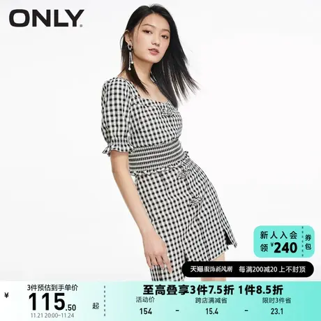 ONLY奥莱夏季格纹中国风泡泡袖方领开叉两件套连衣裙女图片