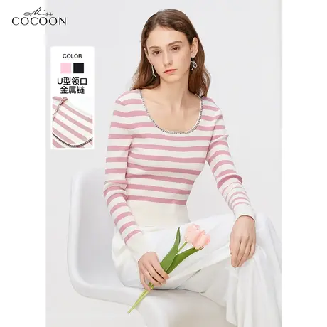 MISSCOCOON法式撞色条纹针织衫女2023新款秋季长袖修身打底衫上衣商品大图