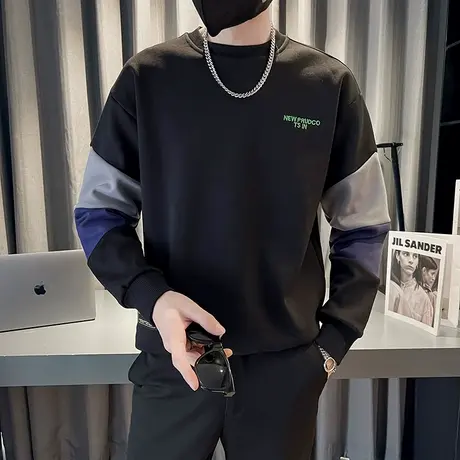 男士套头潮流卫衣秋季新款潮牌韩版ins个性拼接设计感长袖t恤上衣商品大图