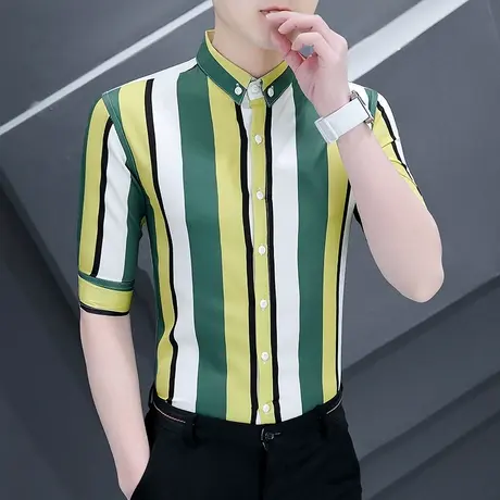设计感潮牌春夏季七分袖衬衫男韩版免烫中袖薄款条纹拼色帅气衬衣商品大图