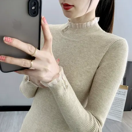 半高领蕾丝边长袖套头针织衫女士百搭2023春装新款修身纯色打底衫商品大图