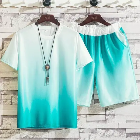 2023新款冰丝短袖t恤男潮流青少年渐变色两件套男士休闲夏季套装商品大图